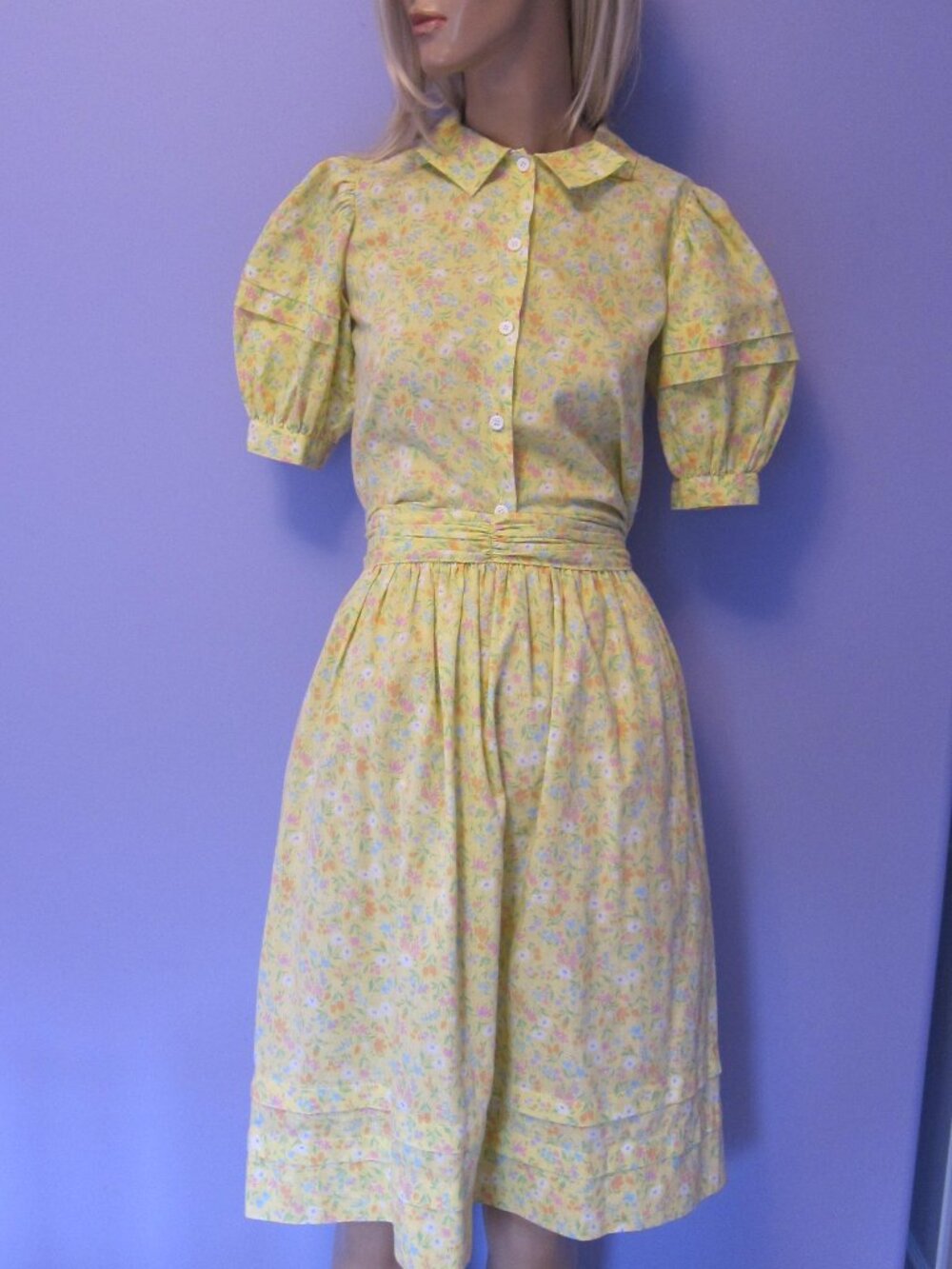 Vintage ELEN HENDERSON Yellow Calico Floral  Prairie Cotton Blouse & Midi Skirt